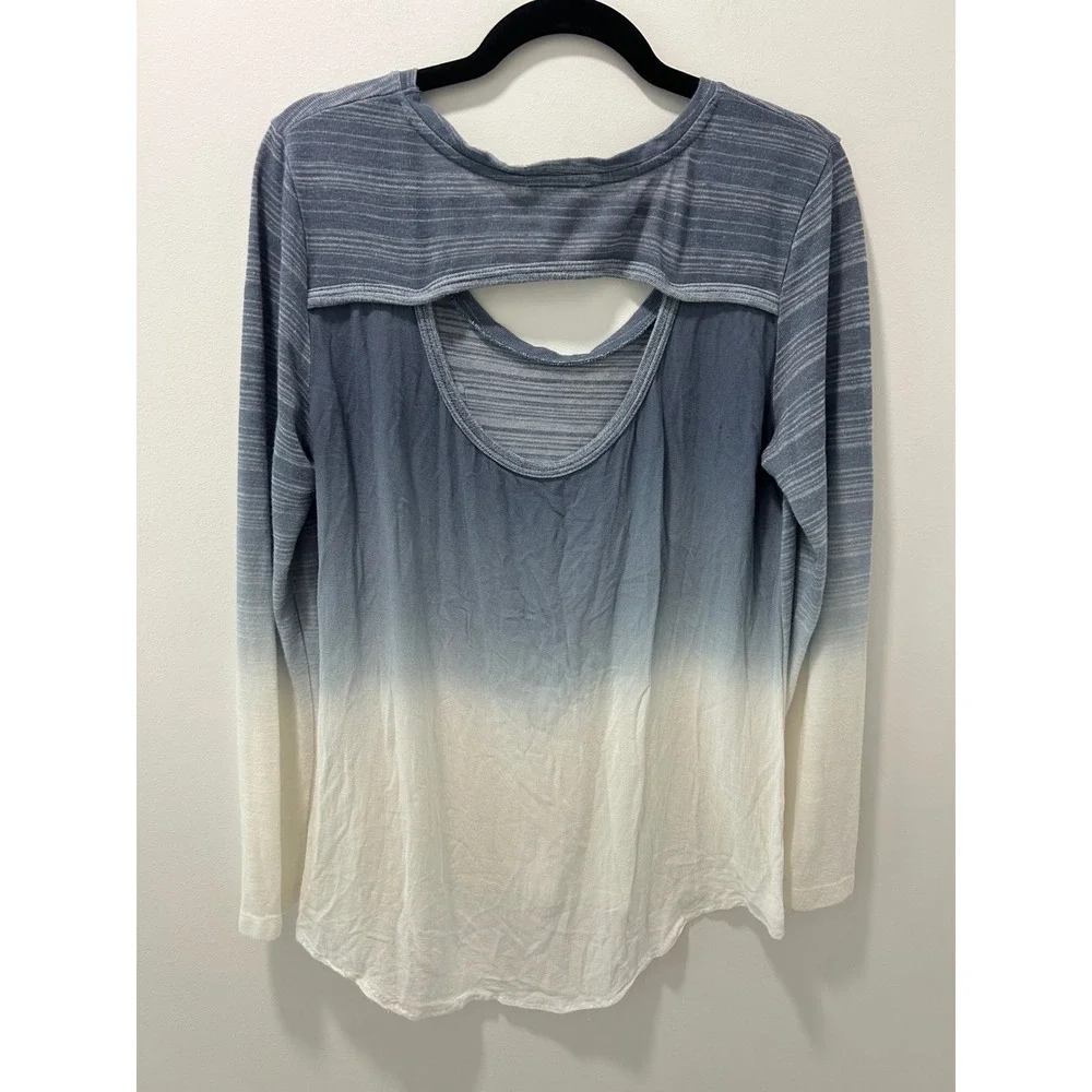 Tribal Jeans Womens Blue Ombre Cutout Back Long Sleeve Soft Top Size L Dip-Dye